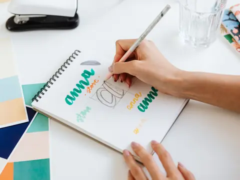 Sketching logo lettering in a notebook beside color swatches
