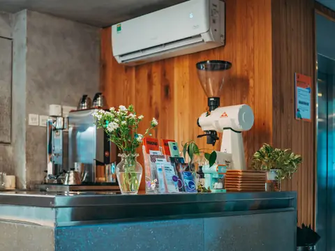 Inside a bright independent coffee shop with flowers on the counter