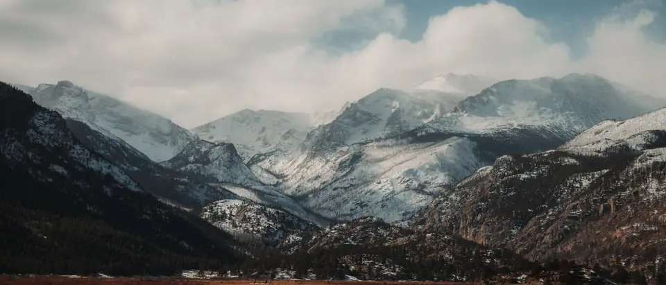 Snow-capped peaks of the Colorado Rockies over a high meadow